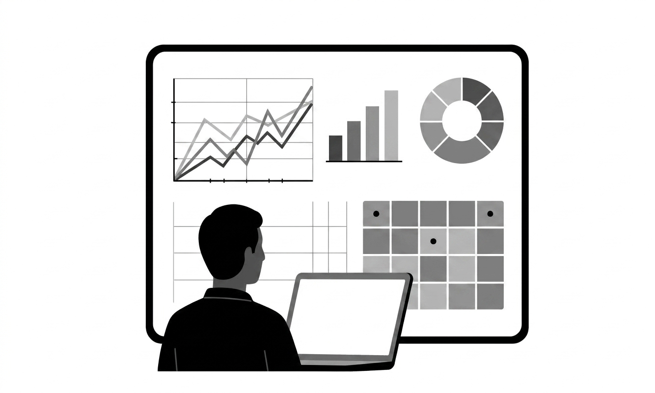 Person analyzing trend charts, bar graphs, and pie charts on a large analytics dashboard screen Person analyzing trend charts, bar graphs, and pie charts on a large analytics dashboard screen