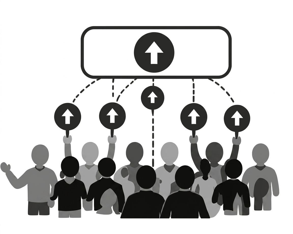Crowd of users holding upvote arrows that all converge into a single upvote button above them Crowd of users holding upvote arrows that all converge into a single upvote button above them