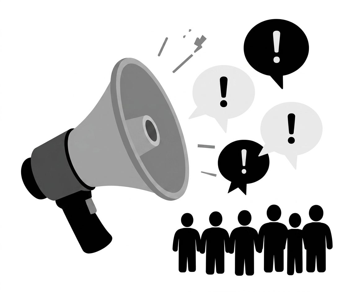 Megaphone blasting exclamation-mark speech bubbles at a crowd of users, illustrating the problem of loud, unstructured feedback Megaphone blasting exclamation-mark speech bubbles at a crowd of users, illustrating the problem of loud, unstructured feedback