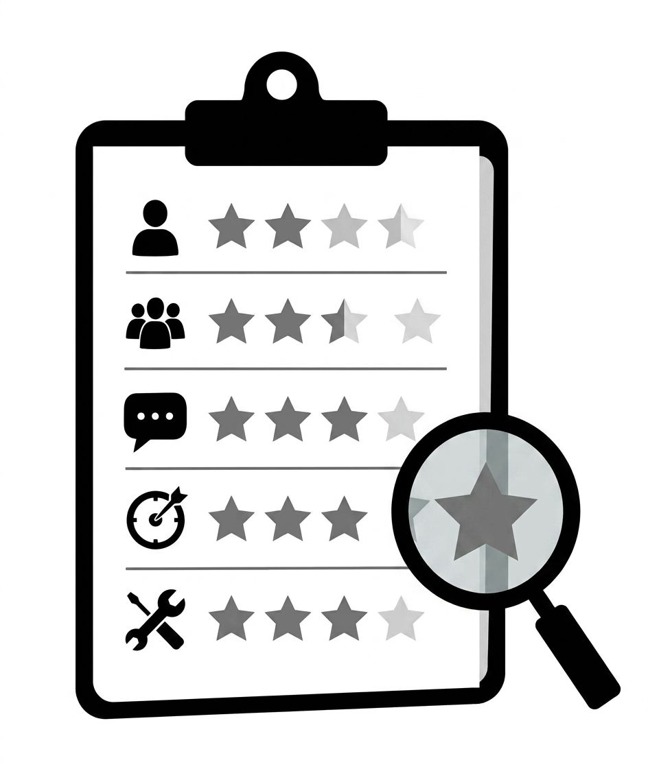 Clipboard showing star ratings across five evaluation criteria with a magnifying glass, representing a structured prioritization framework Clipboard showing star ratings across five evaluation criteria with a magnifying glass, representing a structured prioritization framework