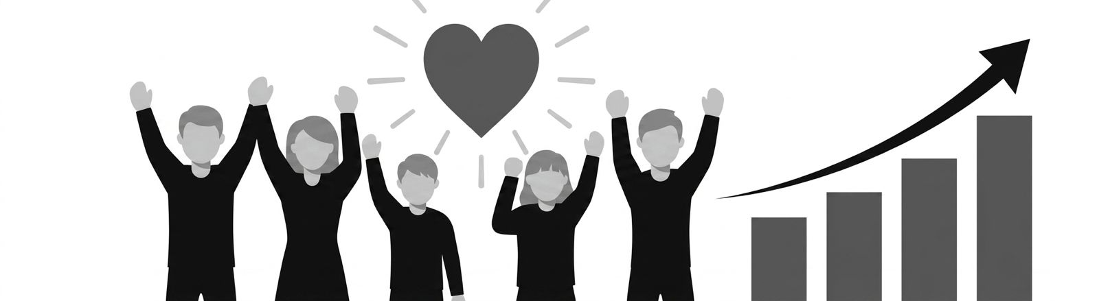Happy users celebrating with raised arms around a glowing heart, next to a rising bar chart showing product growth Happy users celebrating with raised arms around a glowing heart, next to a rising bar chart showing product growth