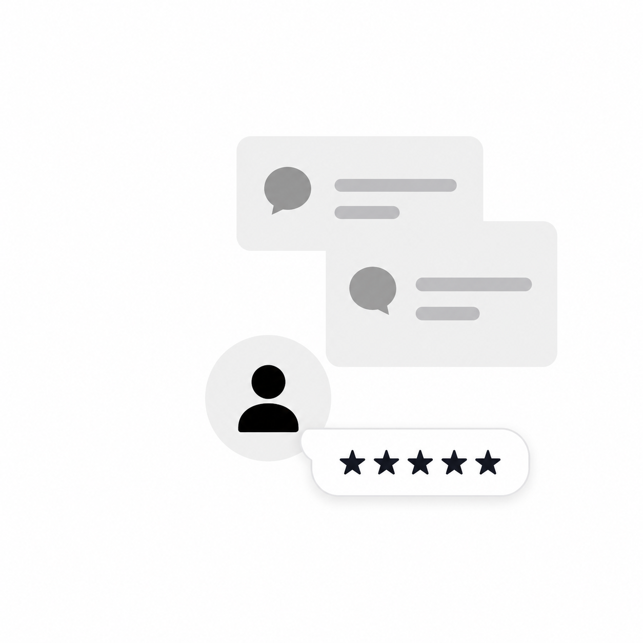 User with conversation bubbles and five-star rating, representing structured customer feedback collection User with conversation bubbles and five-star rating, representing structured customer feedback collection