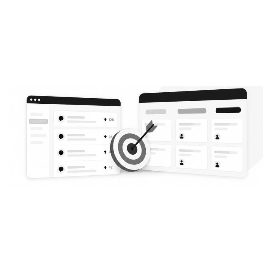 Product feedback board with upvote counts and a kanban roadmap board, with a bullseye target in the center representing data-driven prioritization Product feedback board with upvote counts and a kanban roadmap board, with a bullseye target in the center representing data-driven prioritization