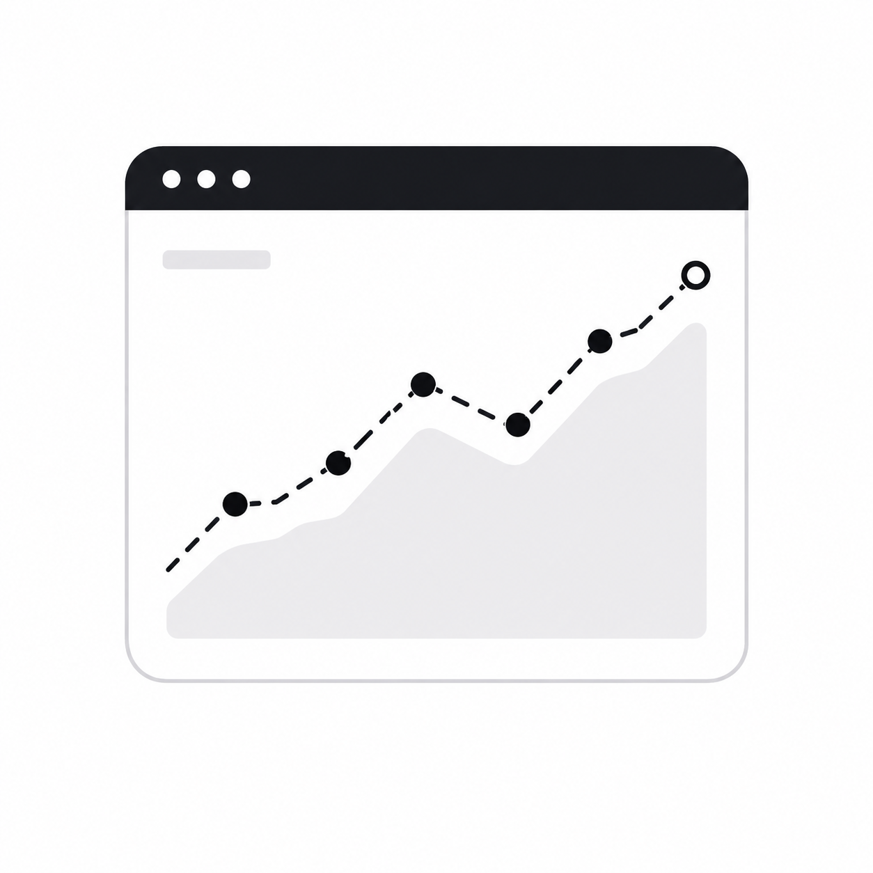 Browser window showing an upward trending dashed line chart, representing monthly roadmap review and continuous product improvement Browser window showing an upward trending dashed line chart, representing monthly roadmap review and continuous product improvement
